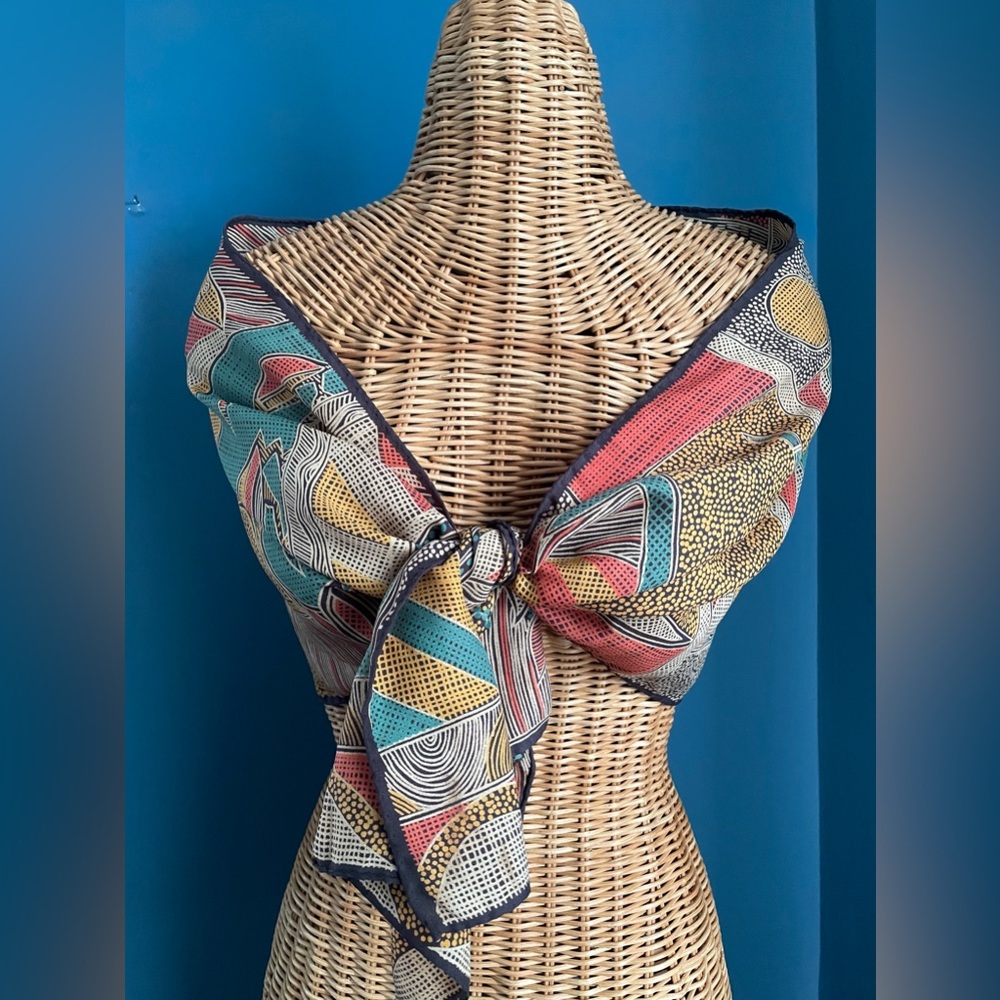 Nik Nik Vintage Rectangular Scarf Stylized Birds Gold Green Brown Orange 13x52